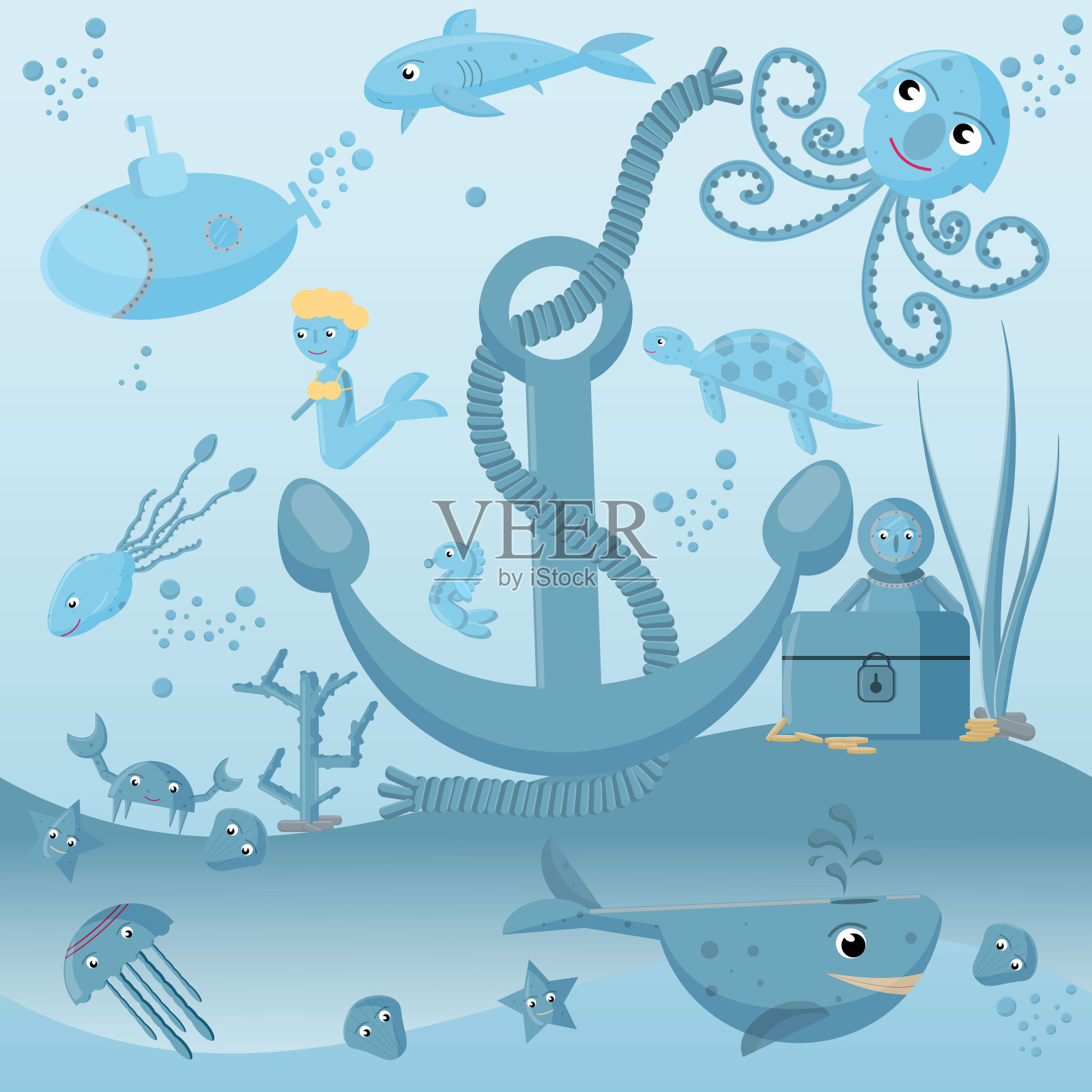 平面插图_4_海洋生物，水下生活，标签或贴纸设计插画图片素材
