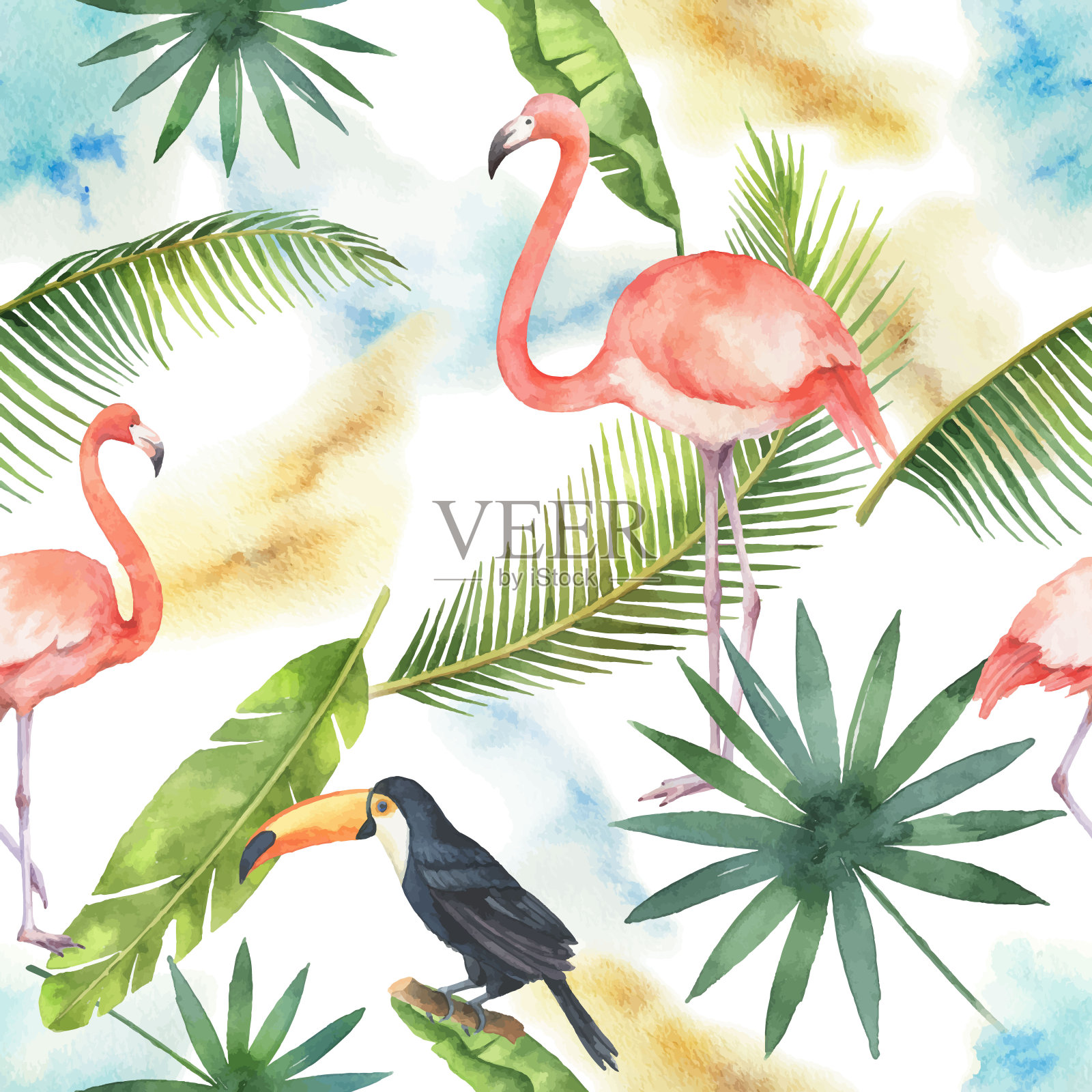 水彩无缝模式旗帜热带树叶，火烈鸟和巨嘴鸟孤立在白色的背景。插画图片素材