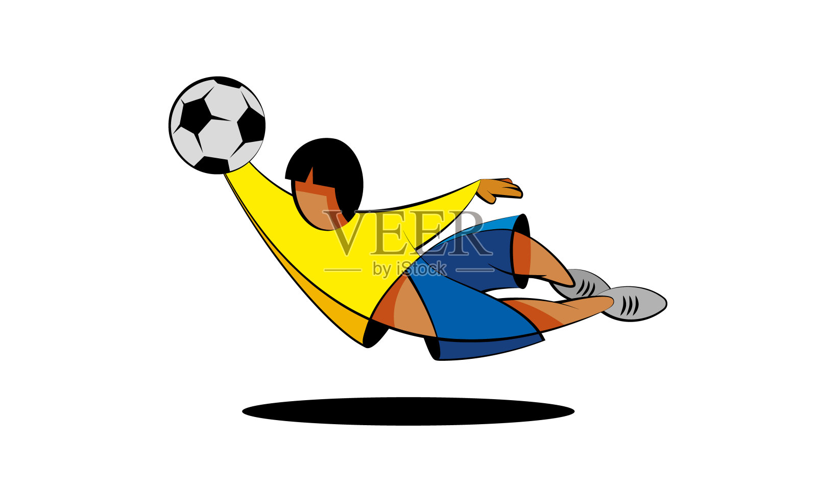 足球守门员在跳跃中接住了球。在白色背景上穿着黄色和蓝色衣服的卡通足球运动员。插画图片素材