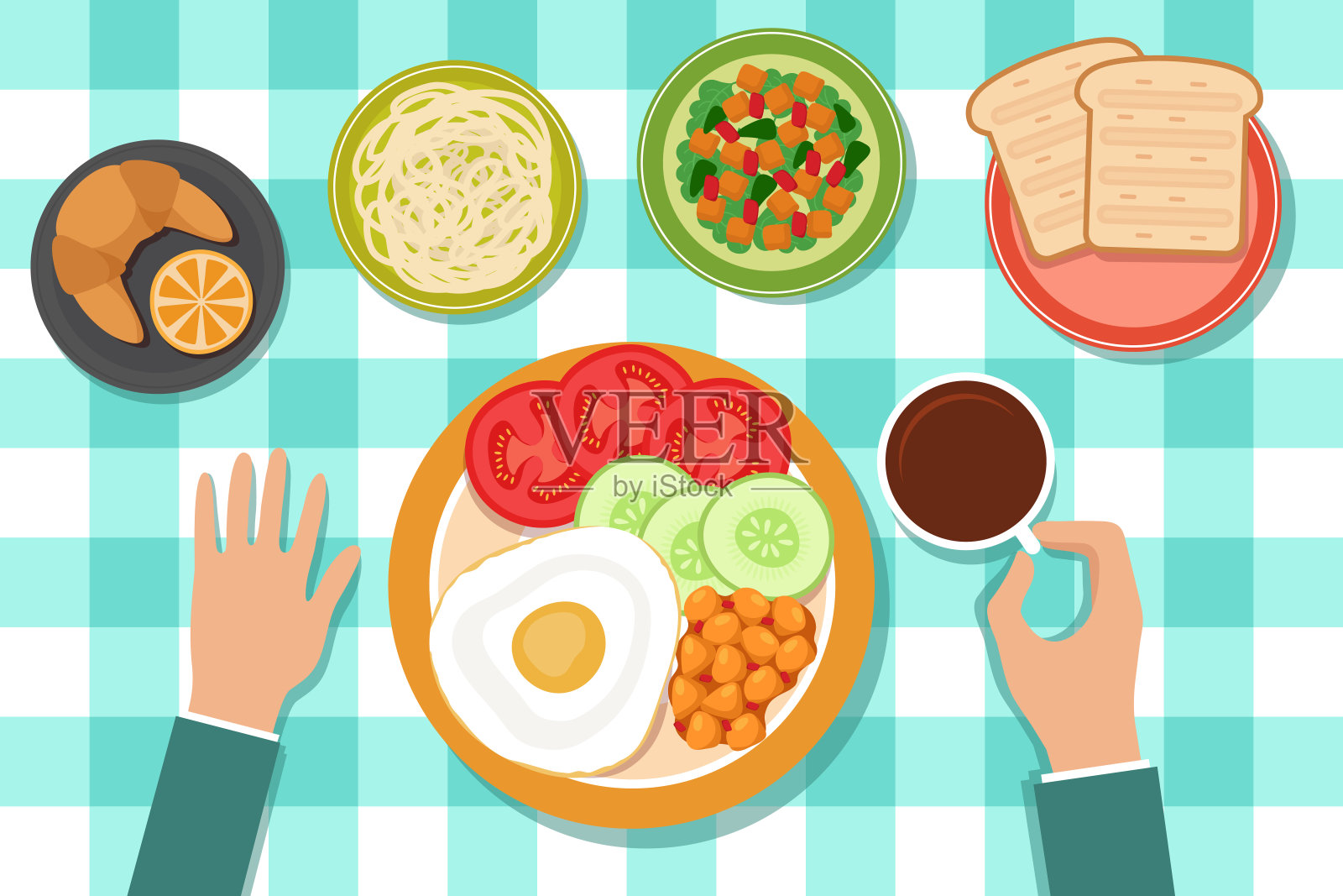 早餐吃的食物放在盘子里，男人的手放在桌子上。顶视图矢量图插画图片素材