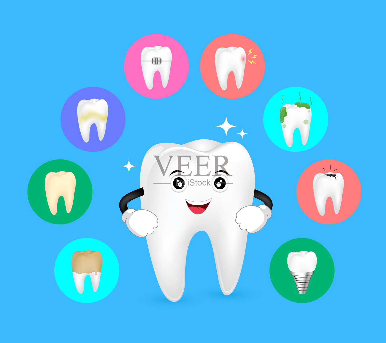 健康牙齿与牙齿问题集图标。插画图片素材