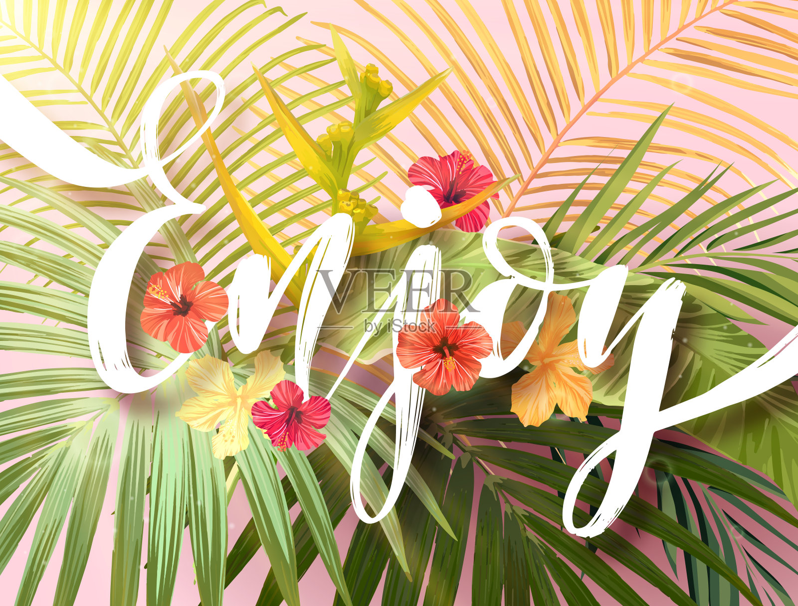 夏季热带设计以异国情调的棕榈叶、木槿、鹤桐花和白色综合手绘题字。带有日落光线的矢量插图插画图片素材