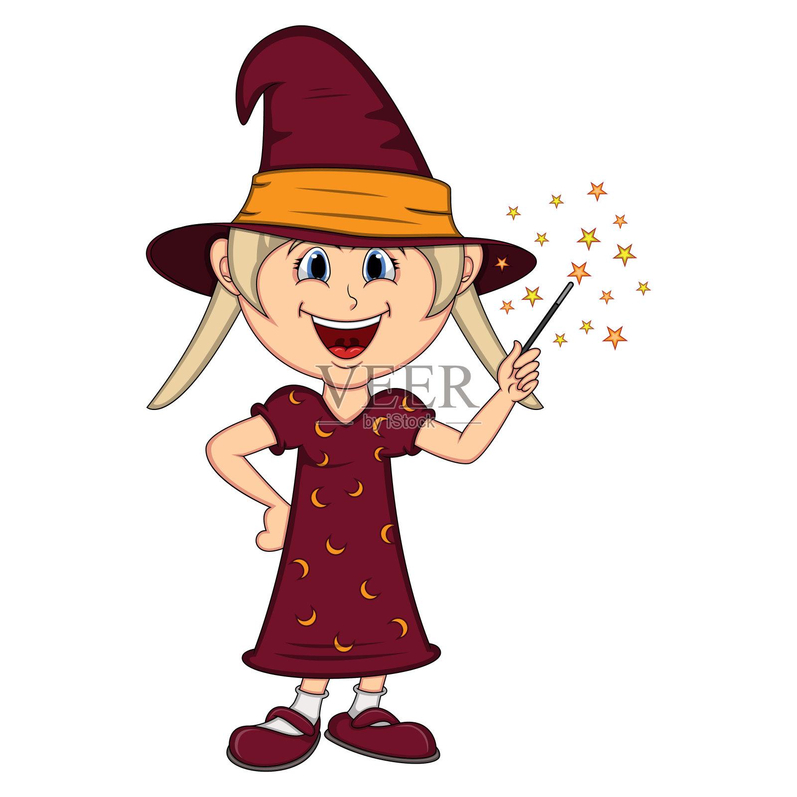 有趣的女巫，穿着万圣节服装的卡通女孩插画图片素材