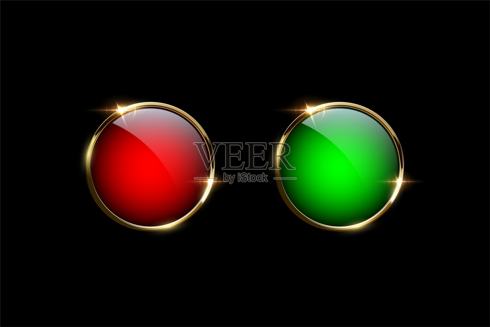 红色和绿色按钮与金色环隔离在黑色背景。向量的设计元素。设计元素图片