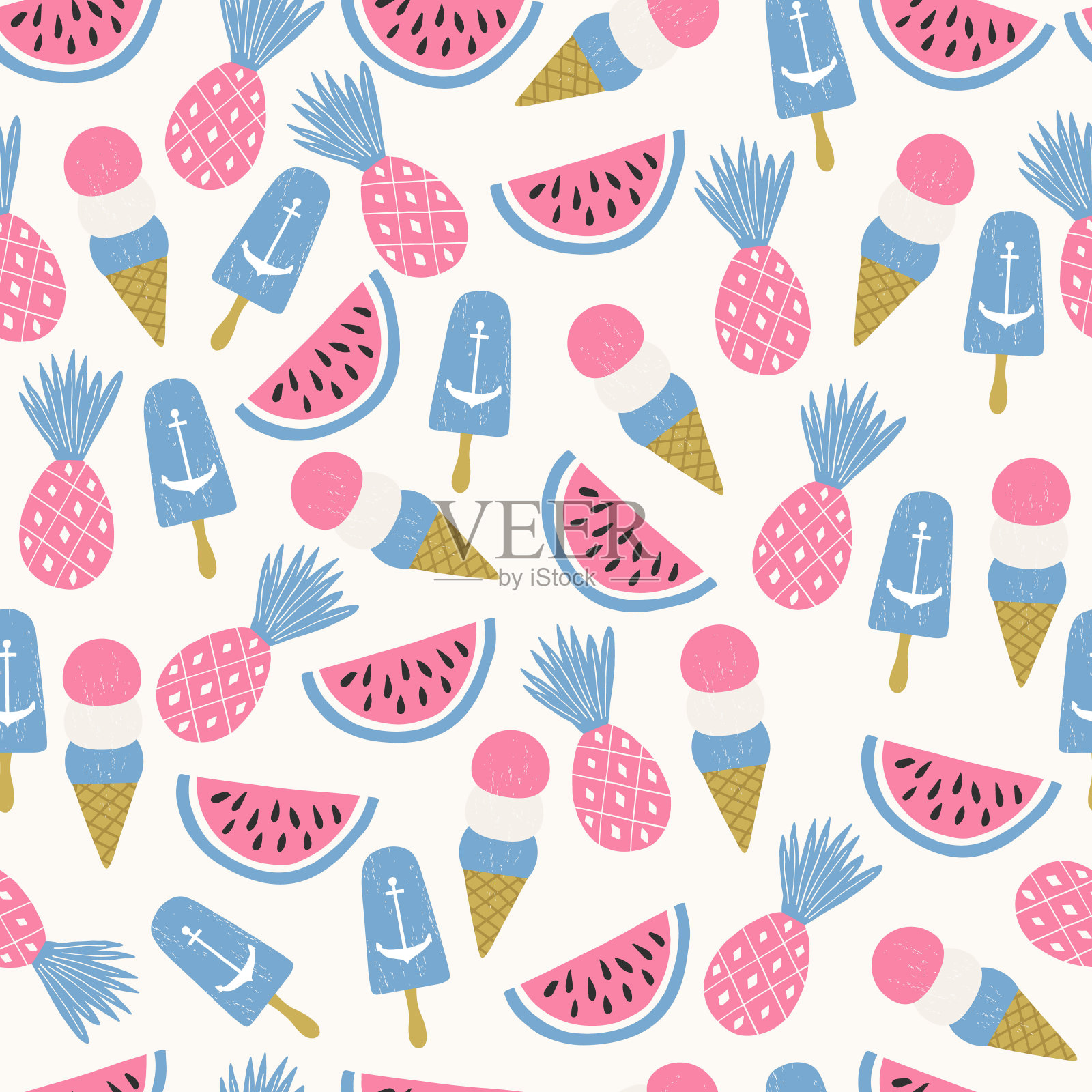 夏季的背景。冰淇淋。西瓜菠萝无缝图案插画图片素材