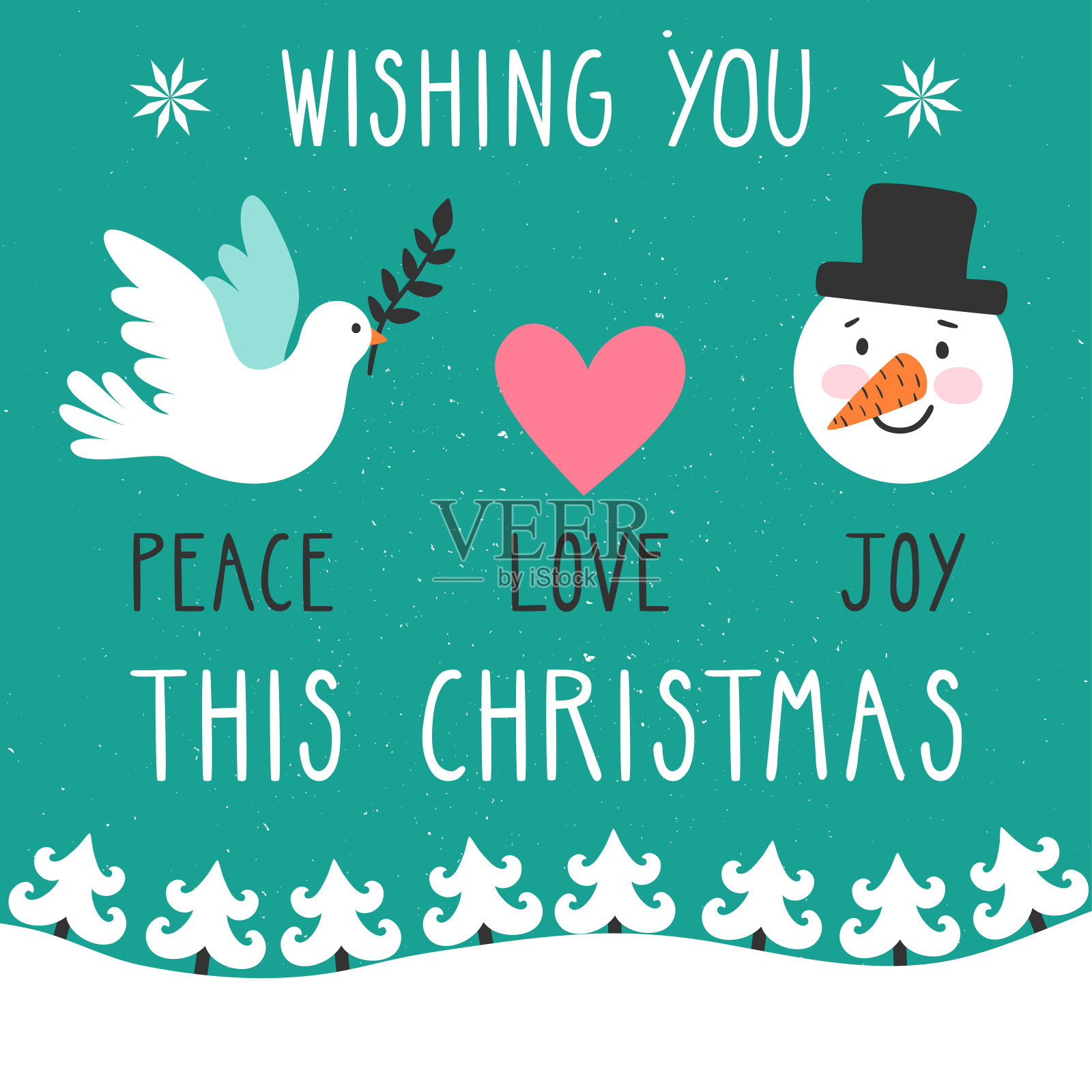概念圣诞背景与文字“愿你平安、爱、快乐这个圣诞节”。明亮的贺卡，白色的鸽子，心，雪人和冬天的风景。节日卡片。设计模板素材