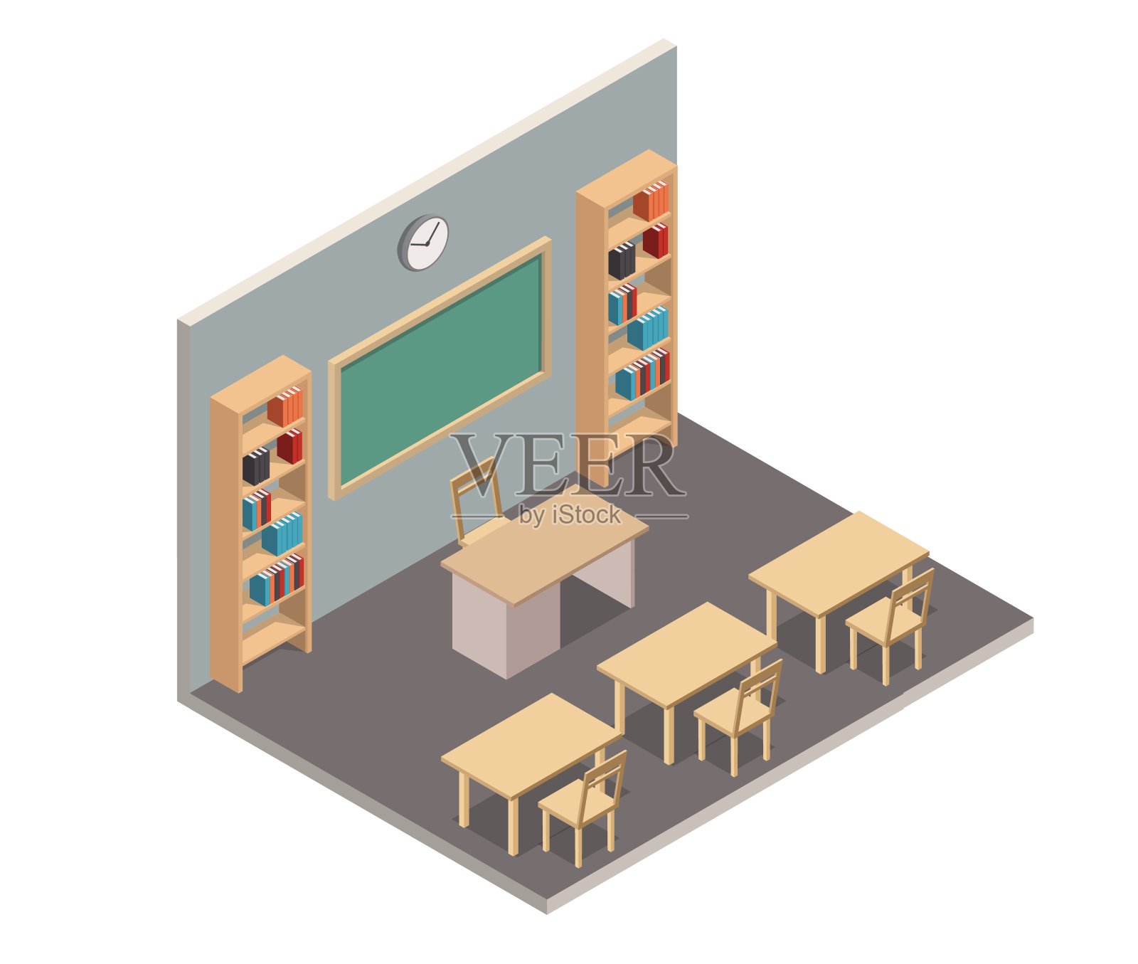 等距低多边形教室内部逼真的3d。插画图片素材