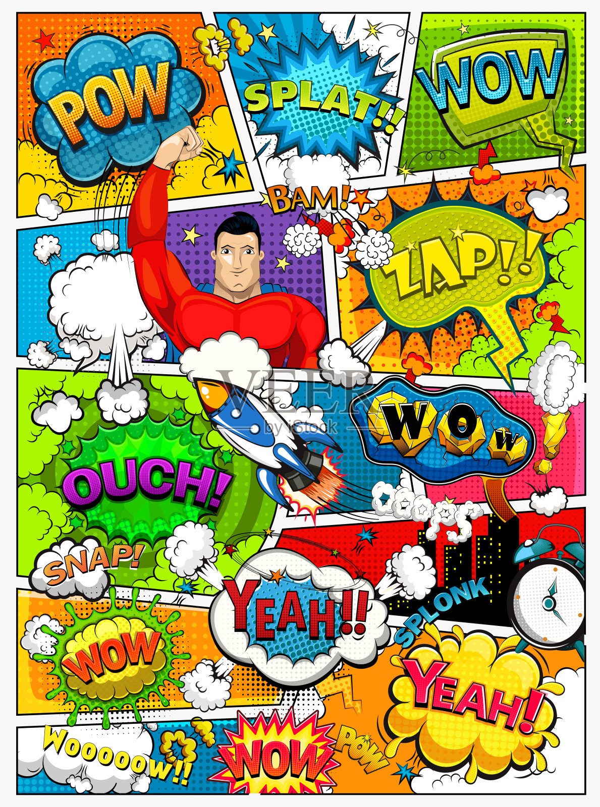 漫画书的页面以台词划分，有气泡、火箭、超级英雄和音效。复古的背景模型。插图插画图片素材