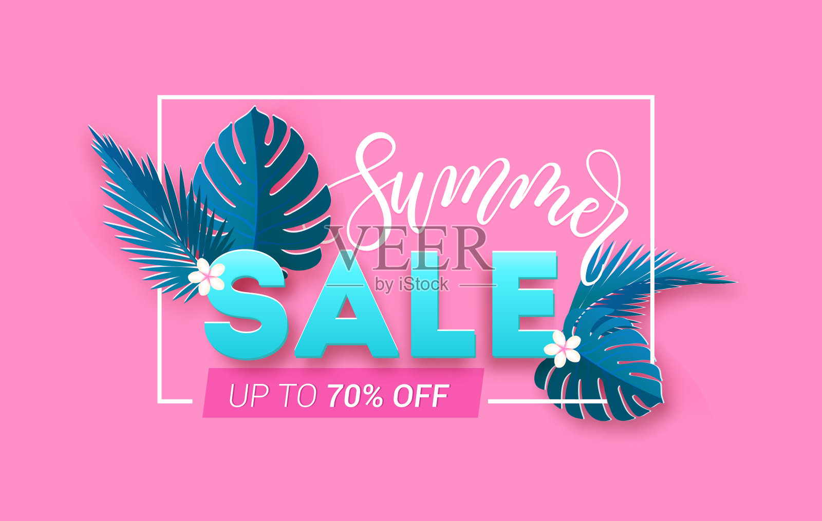 印有热带树叶和粉红色背景的夏季促销横幅。时髦的夏季推广模板与字母。设计模板素材