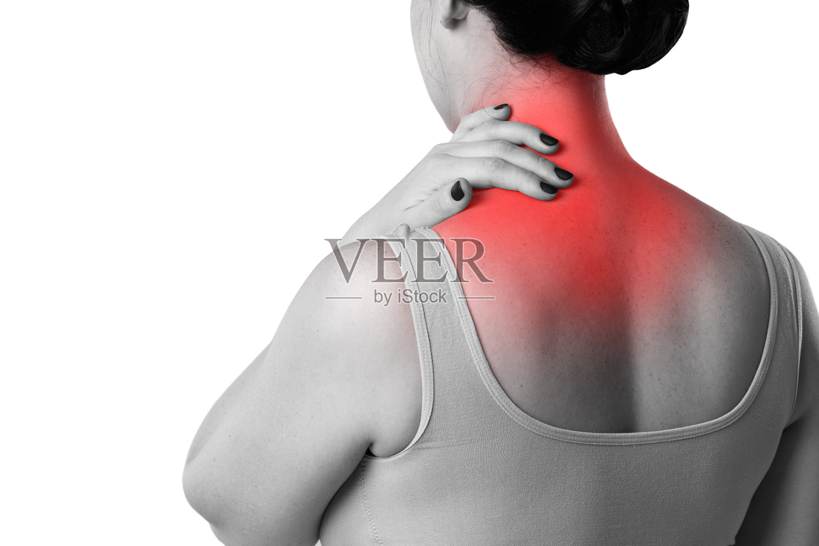 颈部疼痛，女性背部疼痛孤立在白色背景照片摄影图片