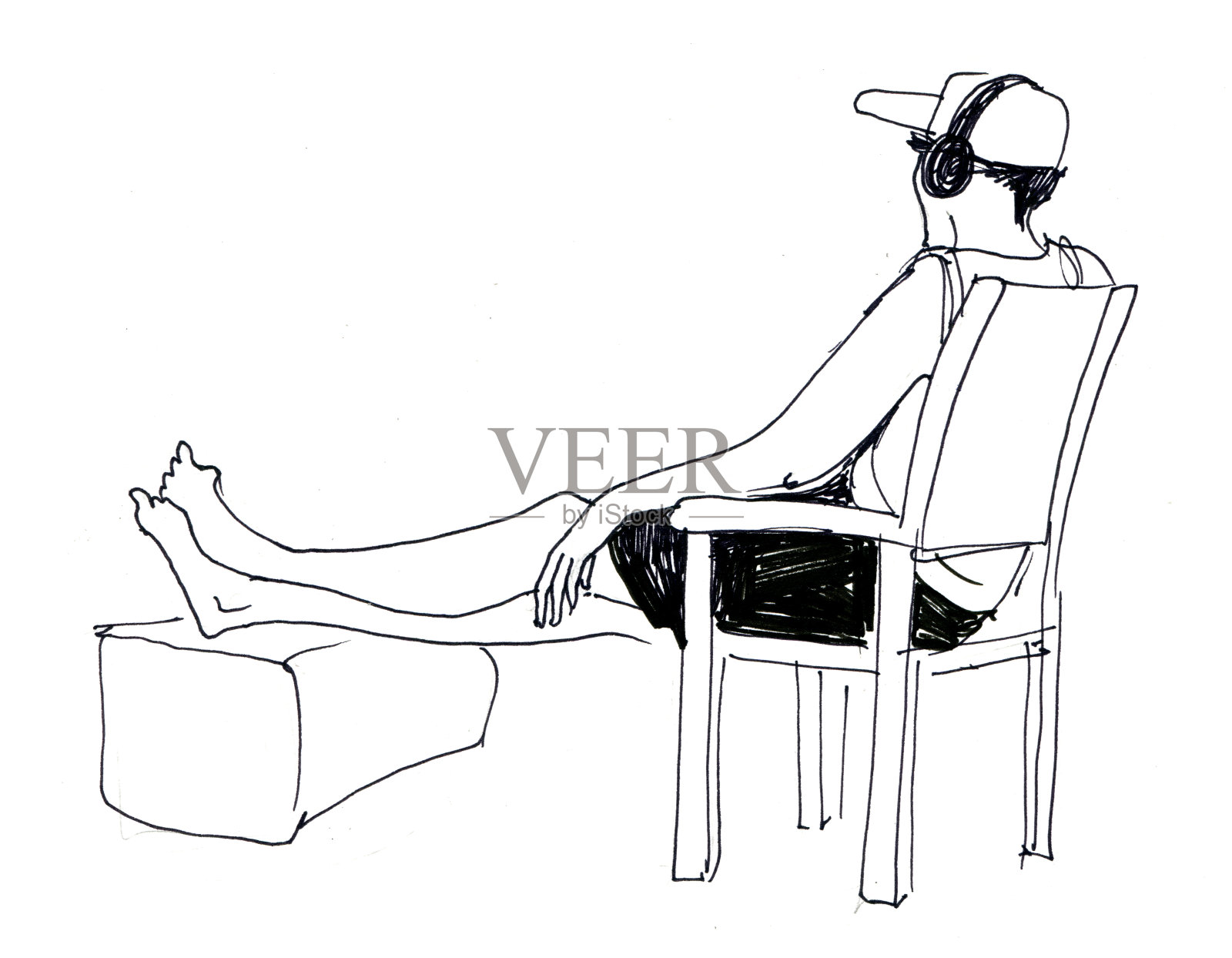 一个戴着耳机坐在椅子上休息的男人的素描插画图片素材