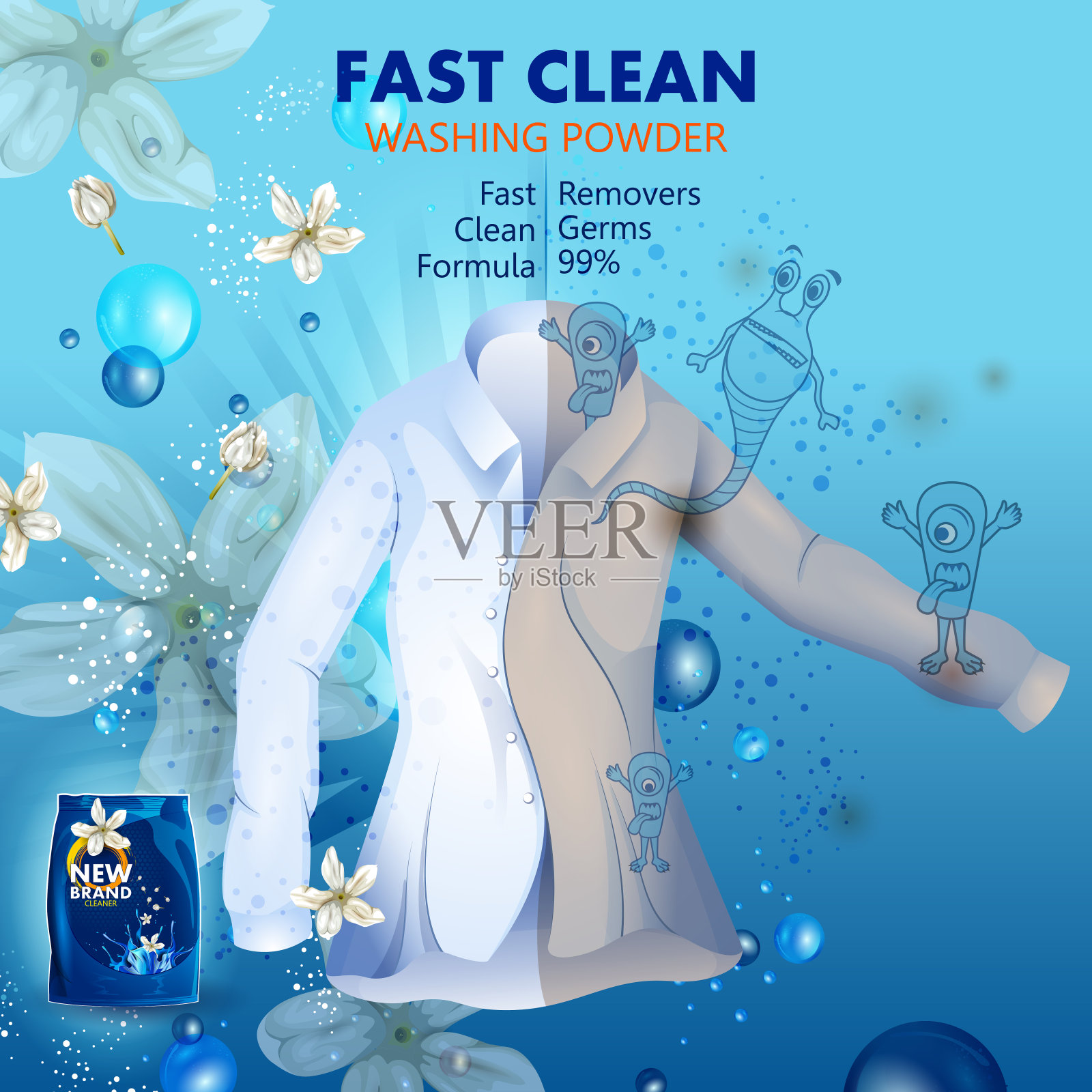 广告横幅的污渍和去污粉洗衣粉为清洁和新鲜的布插画图片素材