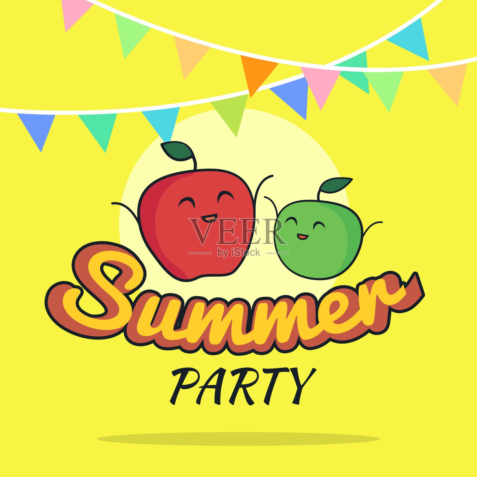 插图的夏季派对海报卡通设计与可爱的苹果人物，儿童明信片，生素食派对概念插画图片素材