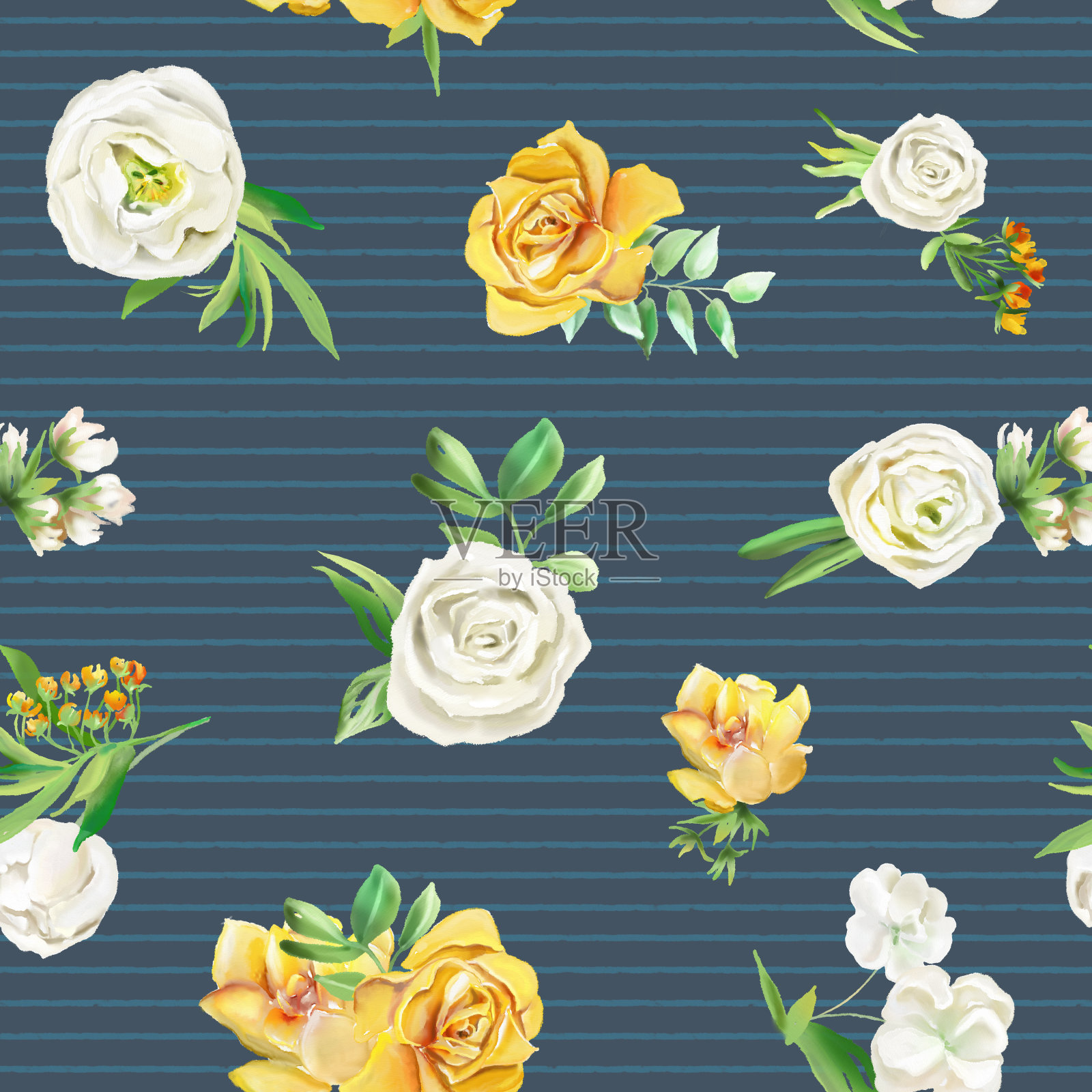 美丽的水彩花朵无缝图案上的深色条纹背景。黄色的花——玫瑰、牡丹、金盏花和甘菊。繁茂的树叶和白玫瑰插画图片素材