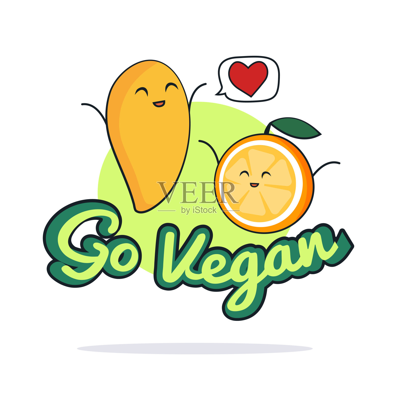成为一个素食主义者的海报。有趣的橙子和芒果卡通人物。矢量图插画图片素材