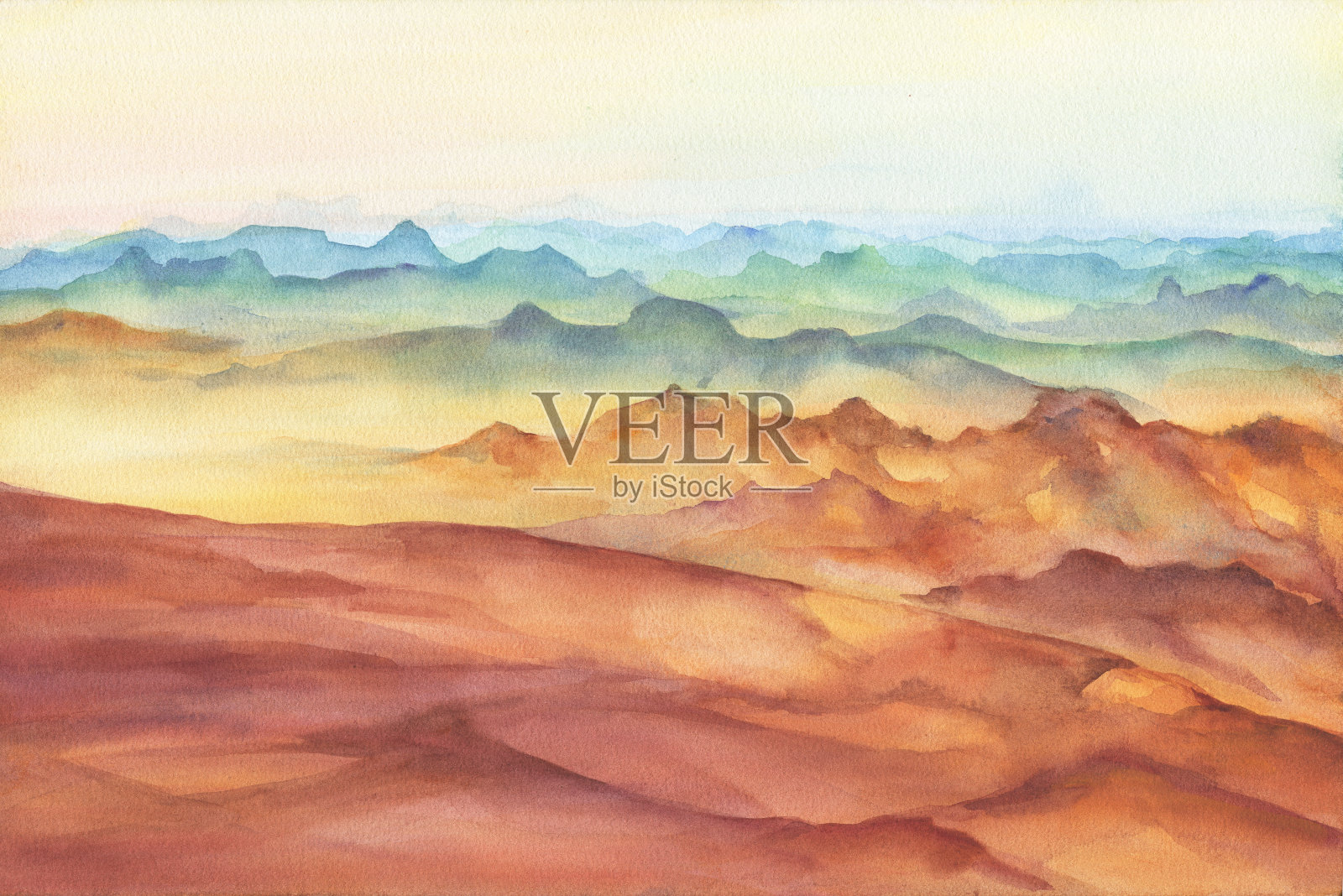 山景山顶上的日落全景。美丽的岩石和黄沙沙漠，巨大的沙丘。水彩手绘插图孤立的白色背景。插画图片素材