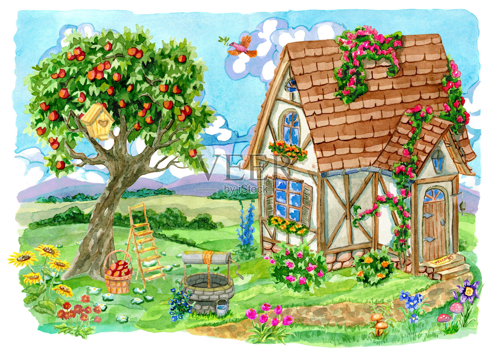 法赫沃克小屋，有苹果树，古井，花园物品和鸟插画图片素材