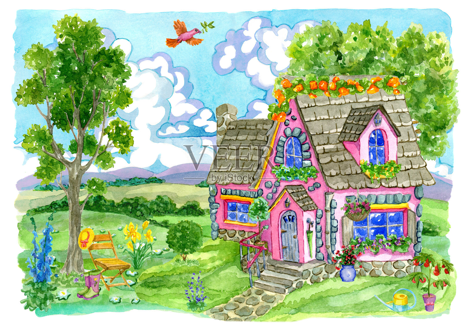 古老的小屋，有美丽的花园，鲜花和椅子插画图片素材