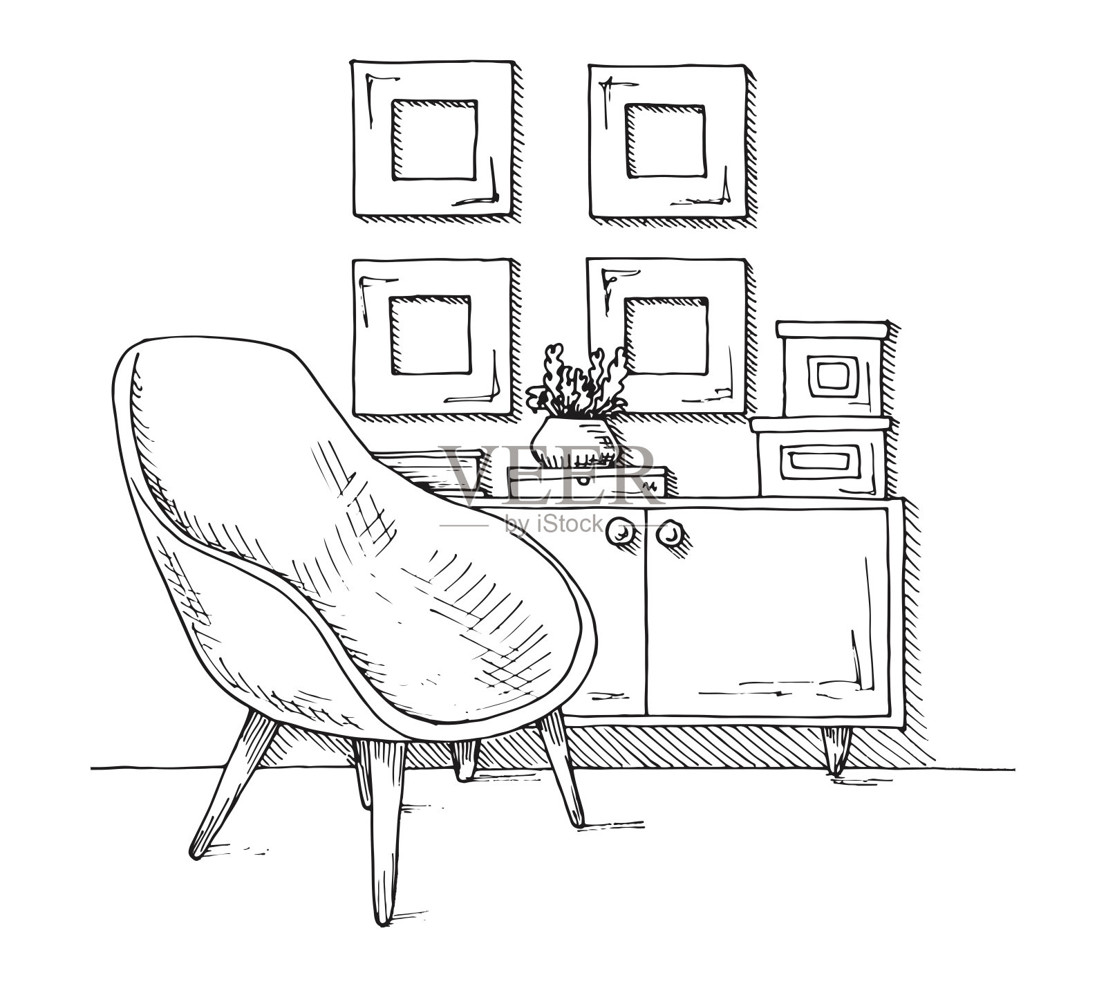 扶手椅，有花瓶的橱柜。手绘矢量插图的草图风格。插画图片素材