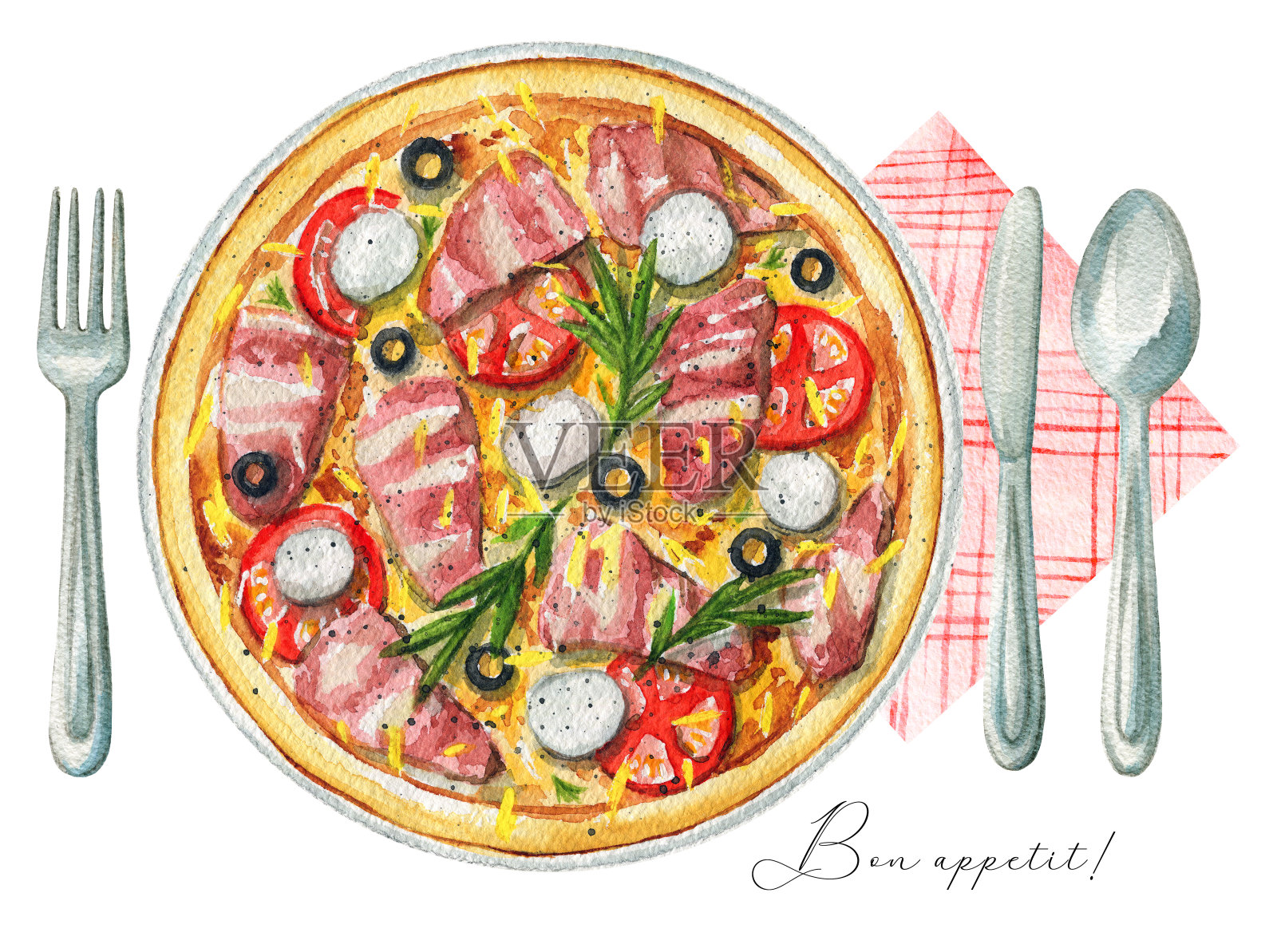 盘子上的水彩披萨，餐具和餐巾插画图片素材