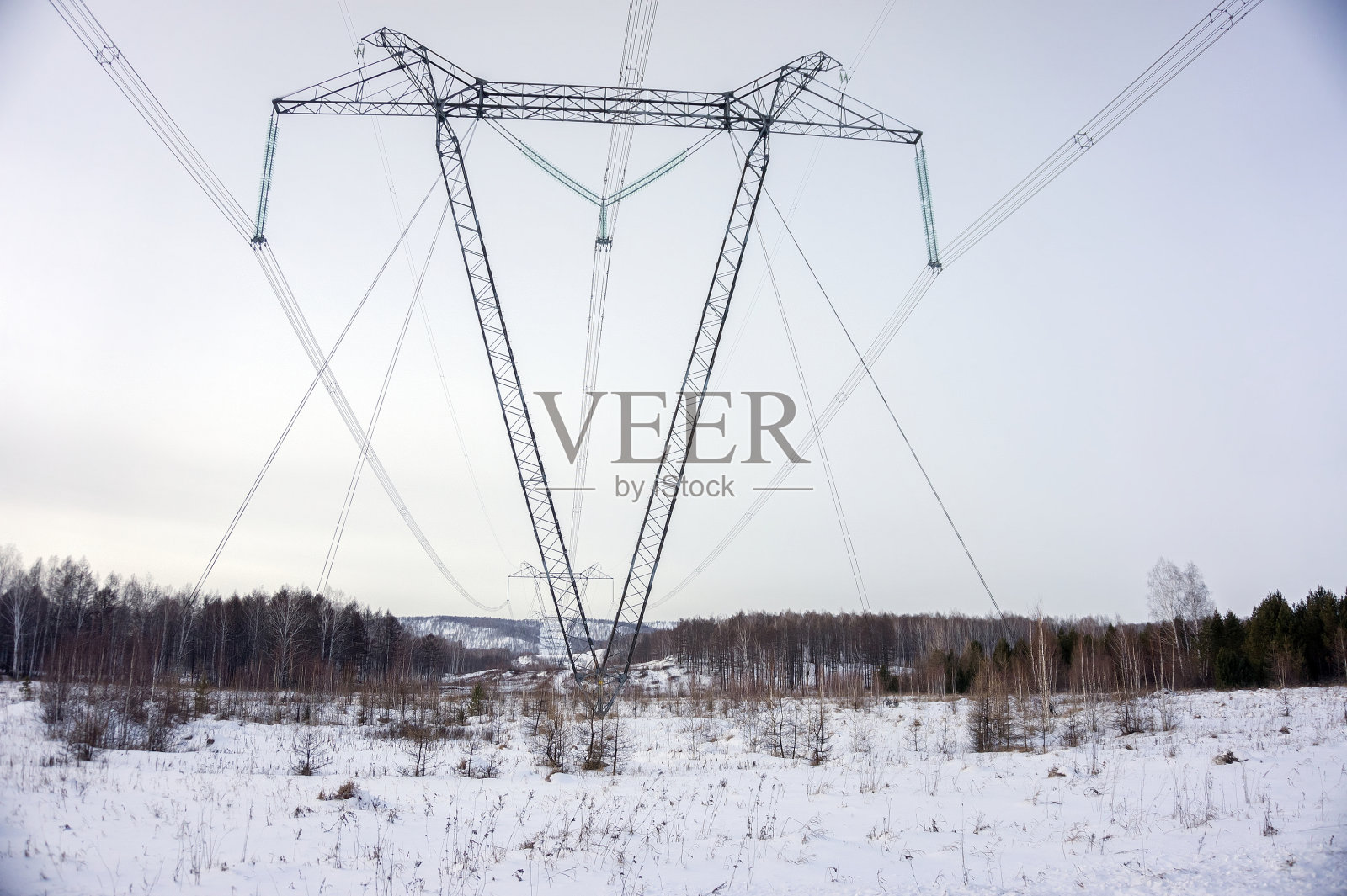 冬天在树木繁茂的地区支持架空电力线路。照片摄影图片