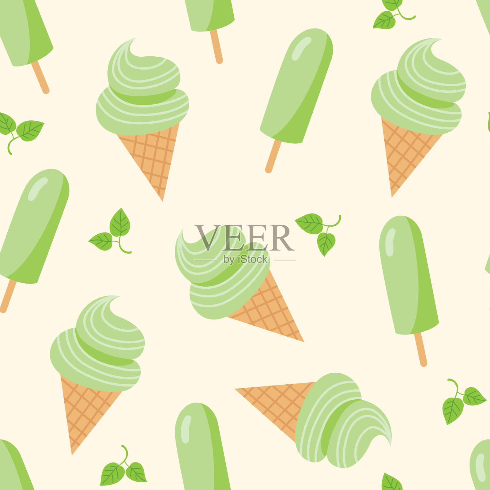 绿茶冰淇淋无缝模式上的米色背景插画图片素材