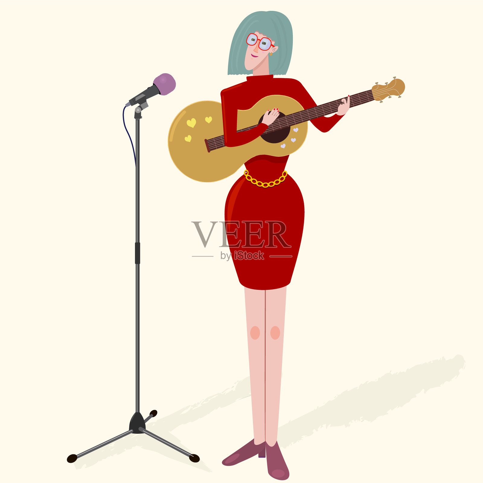 女人女孩红衣服的角色音乐家与吉他和麦克风。漂亮的矢量图。插画图片素材