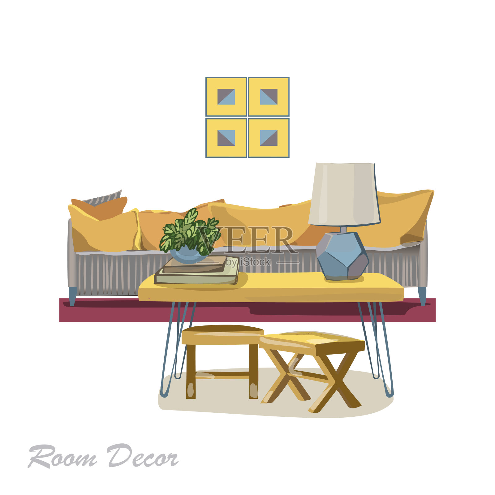 室内设计说明。现代黄色客厅时尚风格。家里房子装修。家具休息室。沙发，枕头，椅子，凳子，靠垫，桌子，咖啡灯，书，画，画。粉彩颜色平面矢量孤立插画图片素材