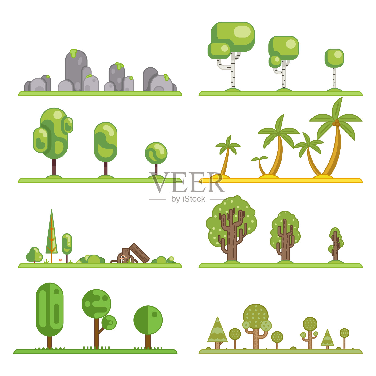 手机游戏树图标设置森林自然景观建设元素平面设计概念矢量插图插画图片素材