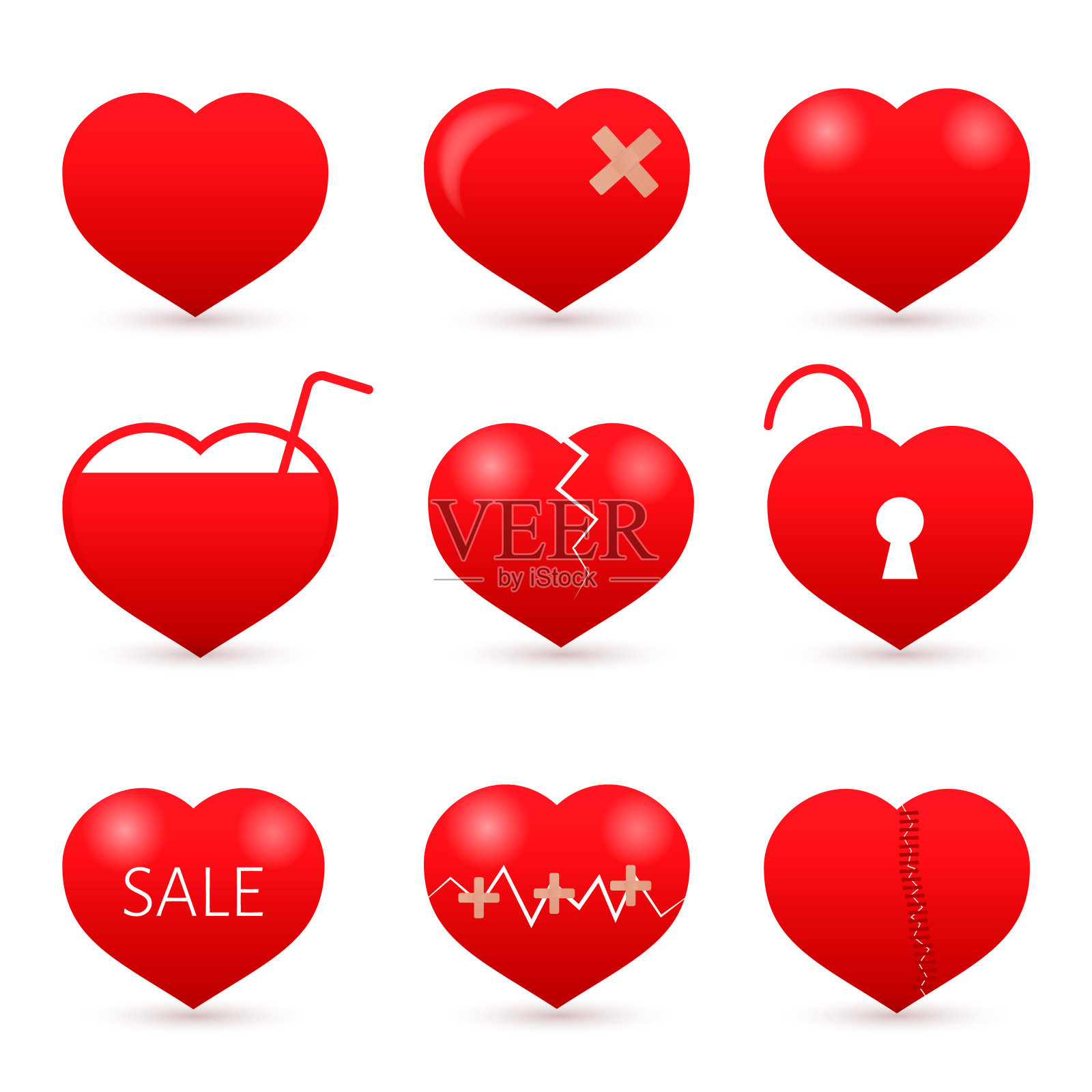 一组九颗孤立在白色背景上的红心…情人节矢量集。爱情故事的象征。健康医疗平面图标。易于编辑设计模板。插画图片素材