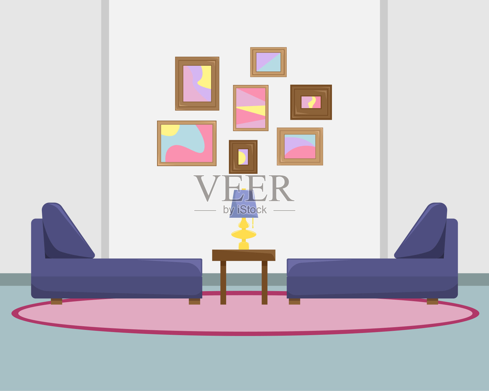 平面矢量插图的客厅与沙发和图片在墙上。插画图片素材