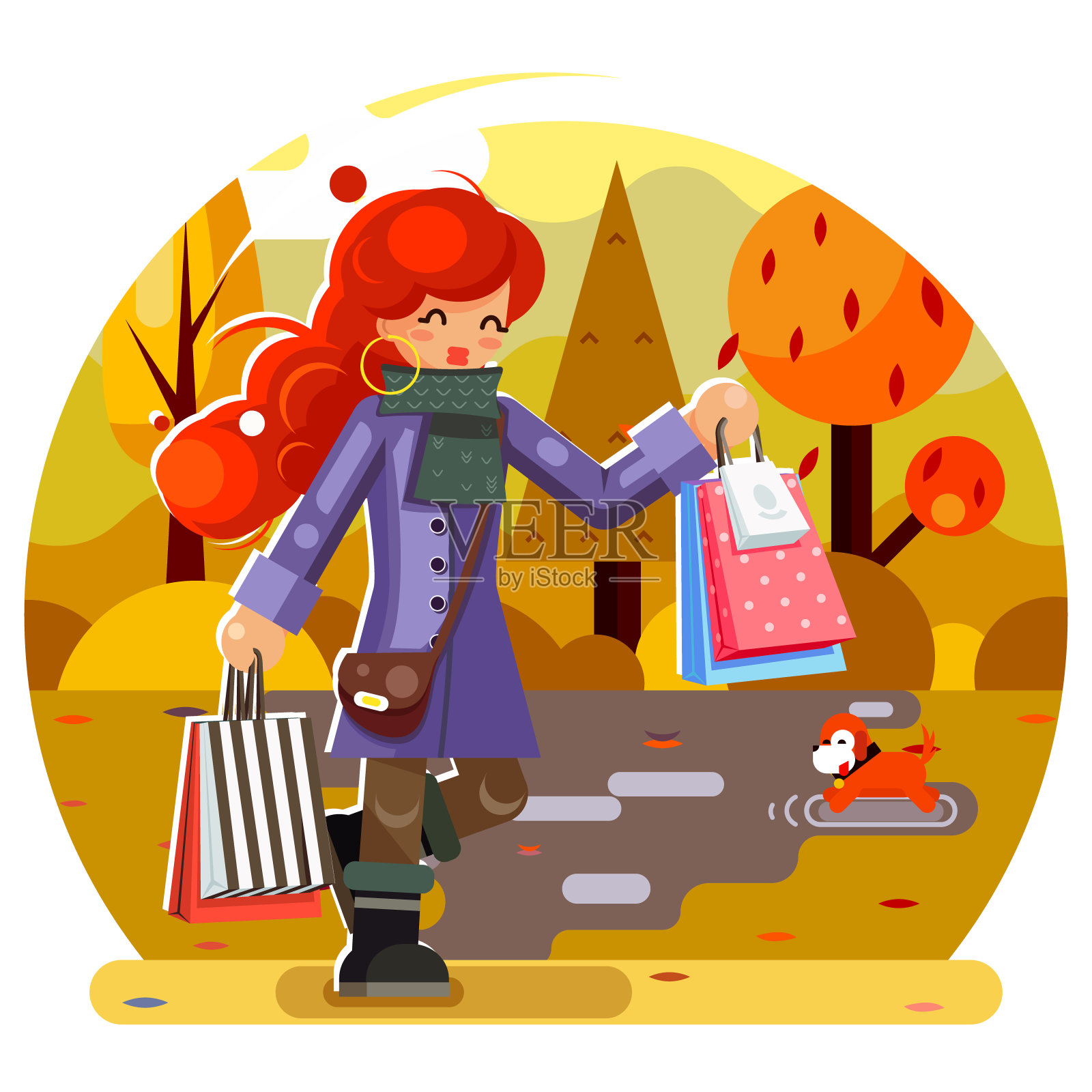 秋季购物袋包女孩购园背景平面设计人物矢量插图插画图片素材