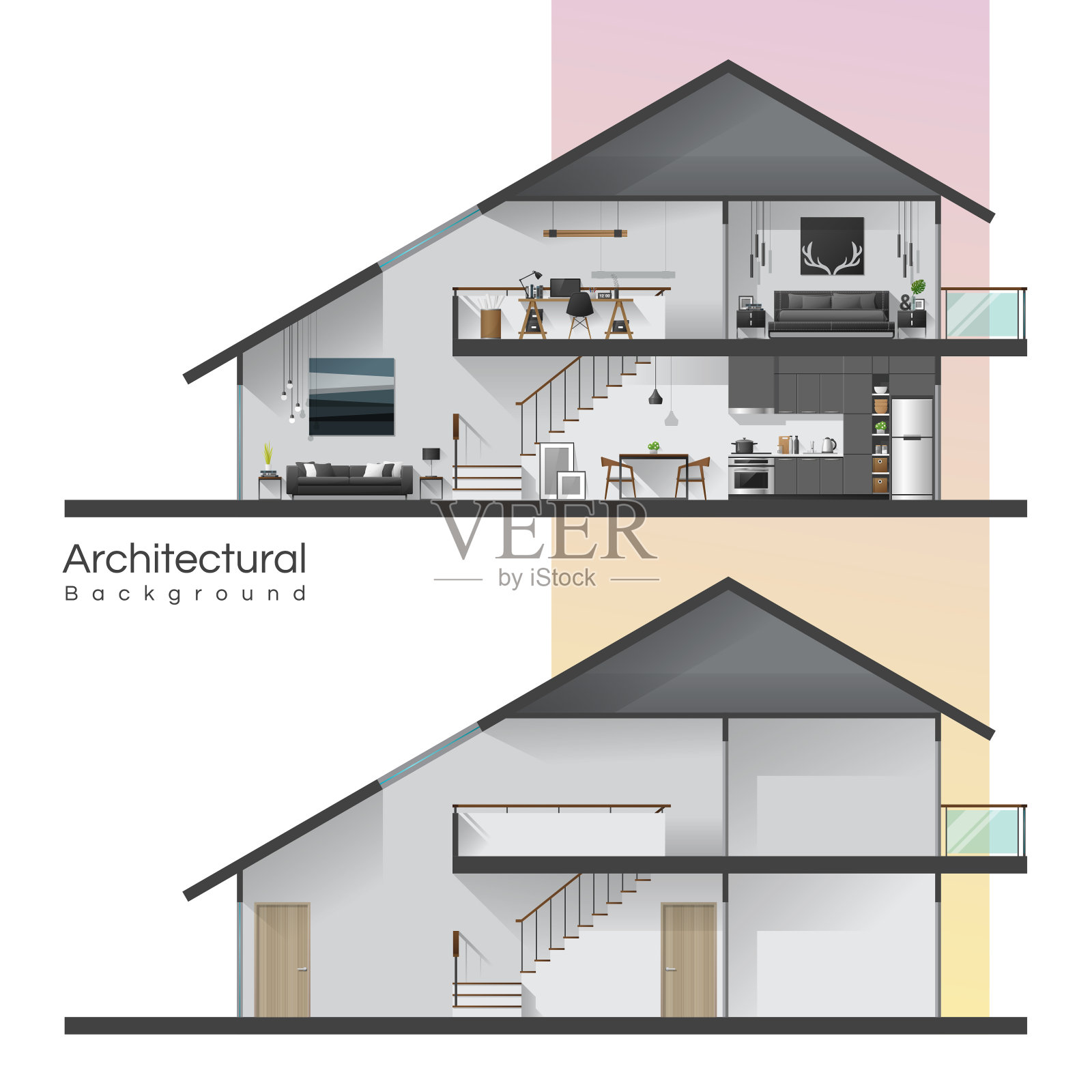 房子横截面与家具和空房子，矢量，插图插画图片素材
