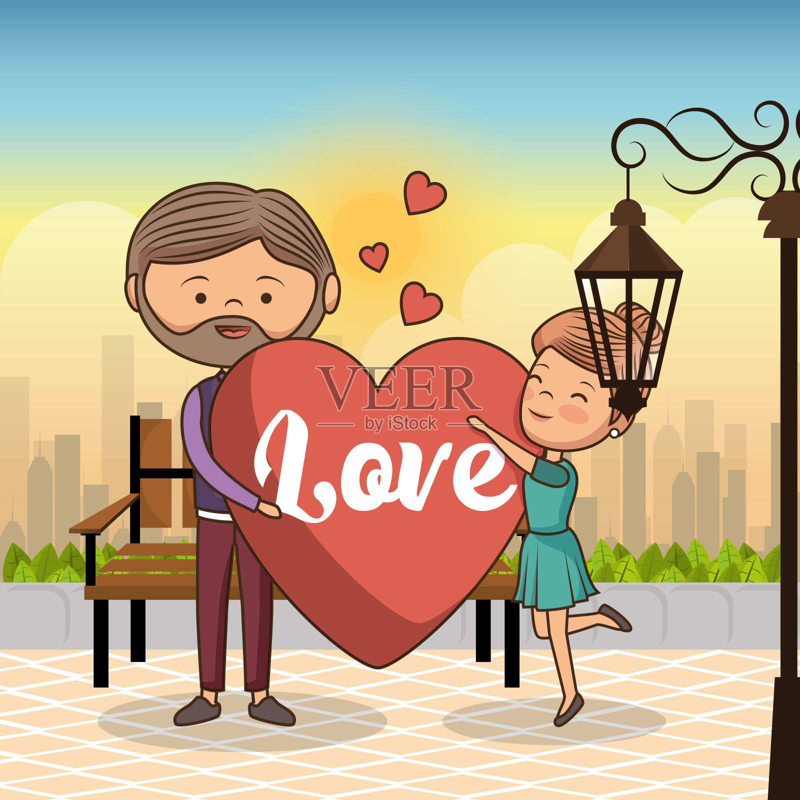 一对在公园椅子上相爱的情侣插画图片素材
