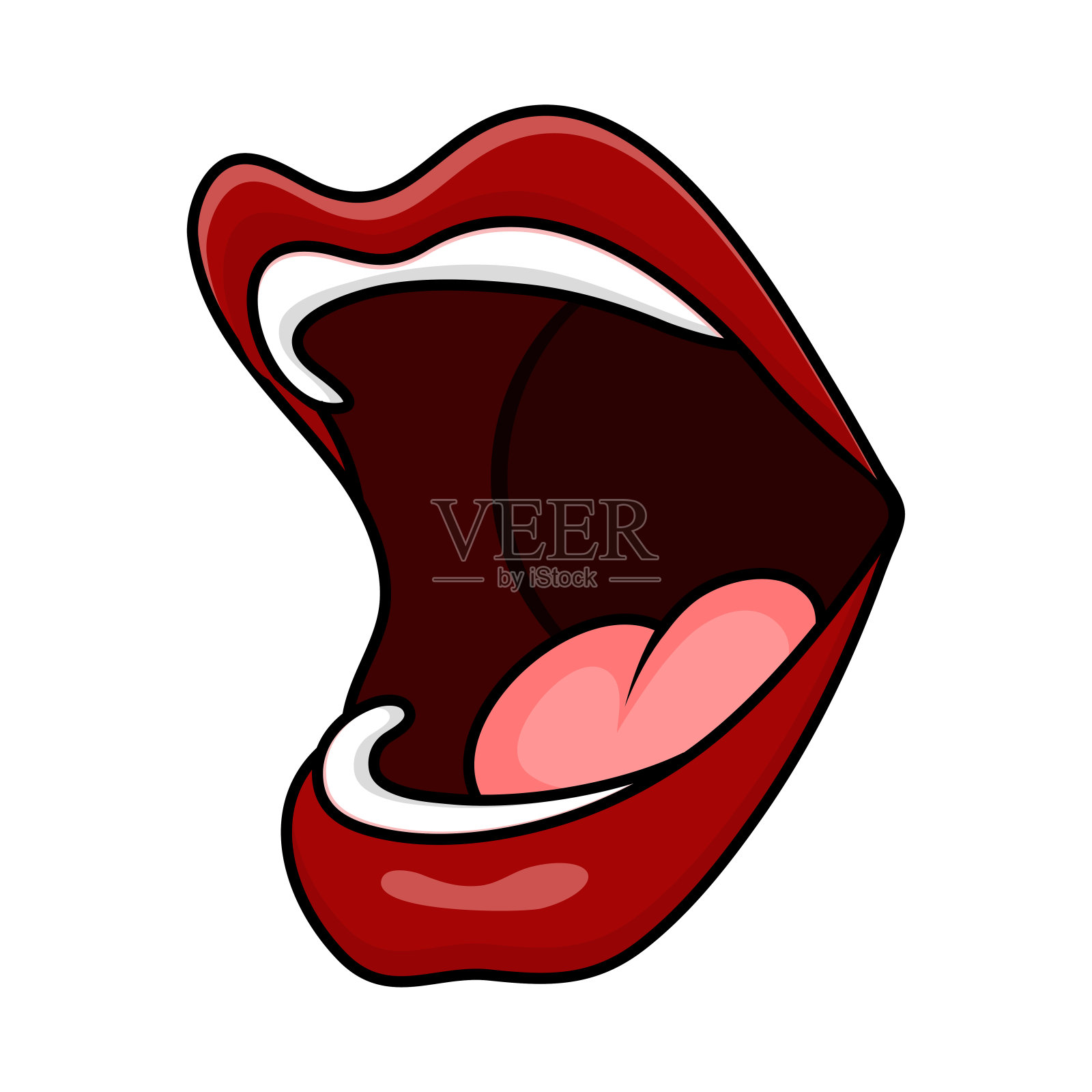 卡通张开的嘴，嘴唇与舌头的一边孤立在白色的背景插画图片素材