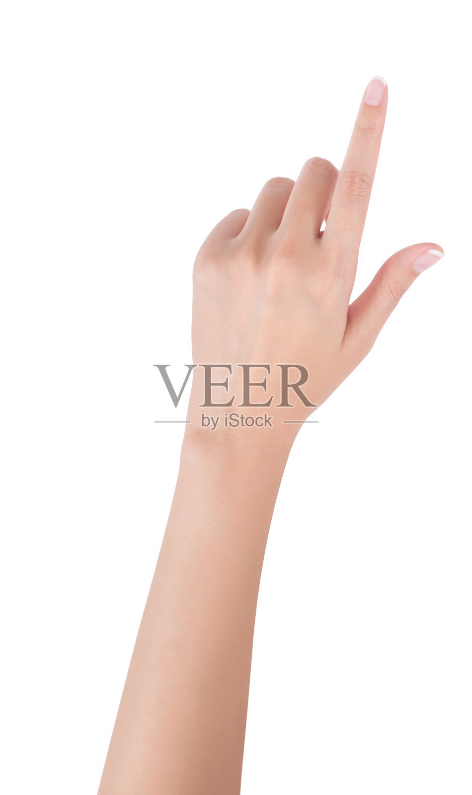 女人的手用食指向上或触屏，手背侧，孤立在白色背景上。照片摄影图片