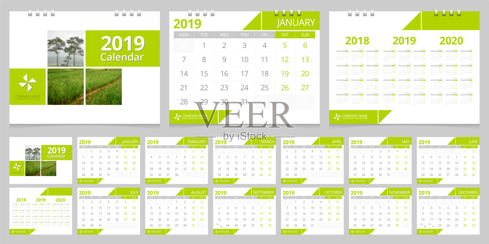 2019年日历设定周开始星期一企业设计模板向量。设计模板素材
