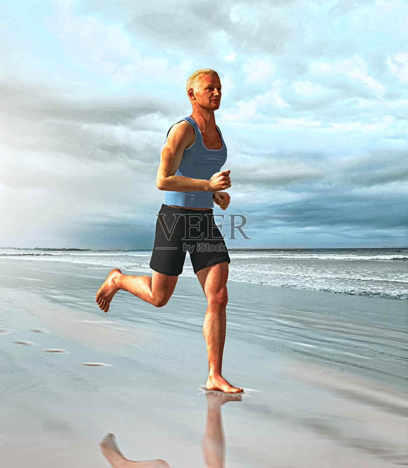 男性运动跑步者在海滩上慢跑插画图片素材