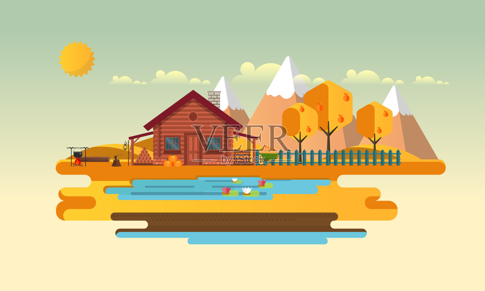 平面矢量景观插图在秋天，与木房子。插画图片素材