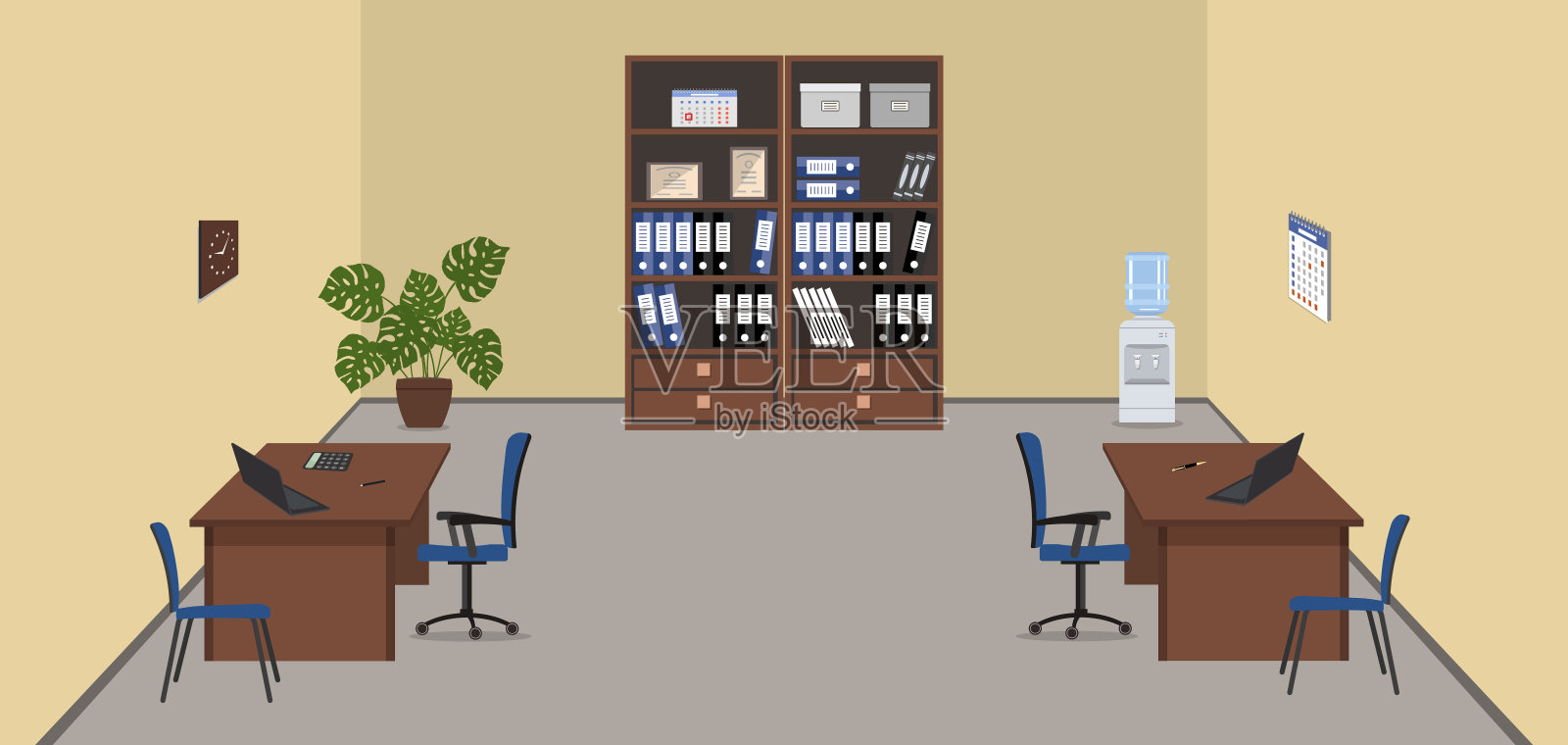 米色办公室，棕色家具插画图片素材