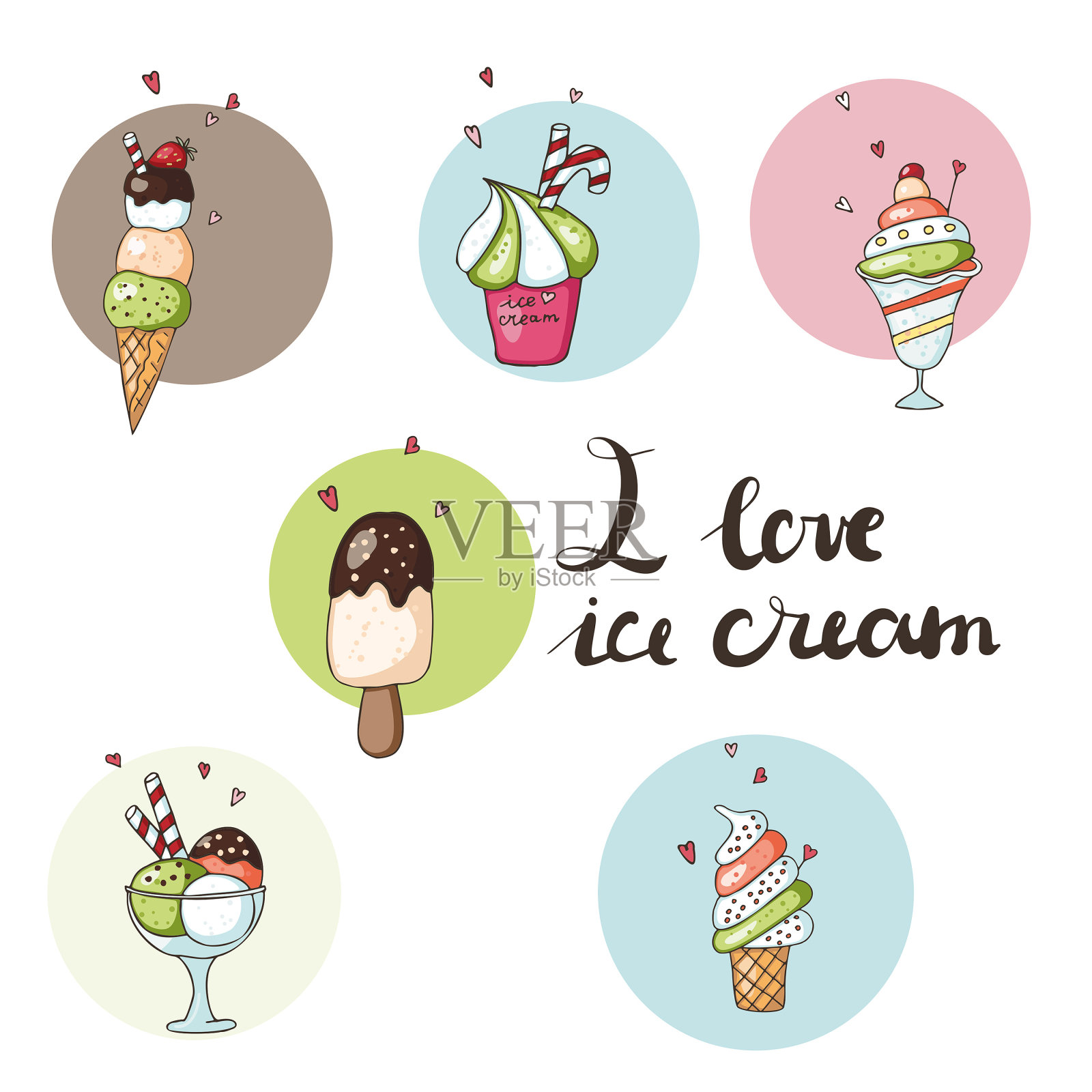 我爱冰淇淋的图标。矢量插图，手绘设计元素图片