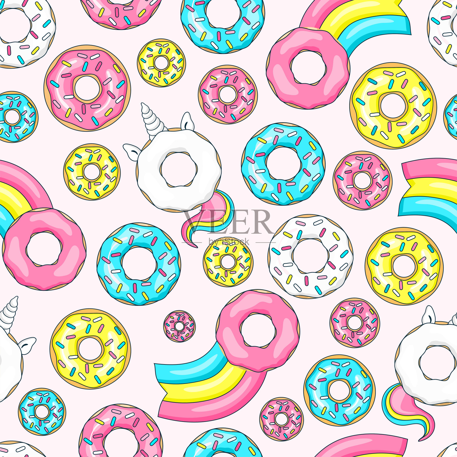 甜甜圈独角兽配白釉和彩虹尾巴，甜甜圈粉、蓝薄荷和柠檬黄，甜甜圈彗星配彩虹。无缝模式。矢量图插画图片素材