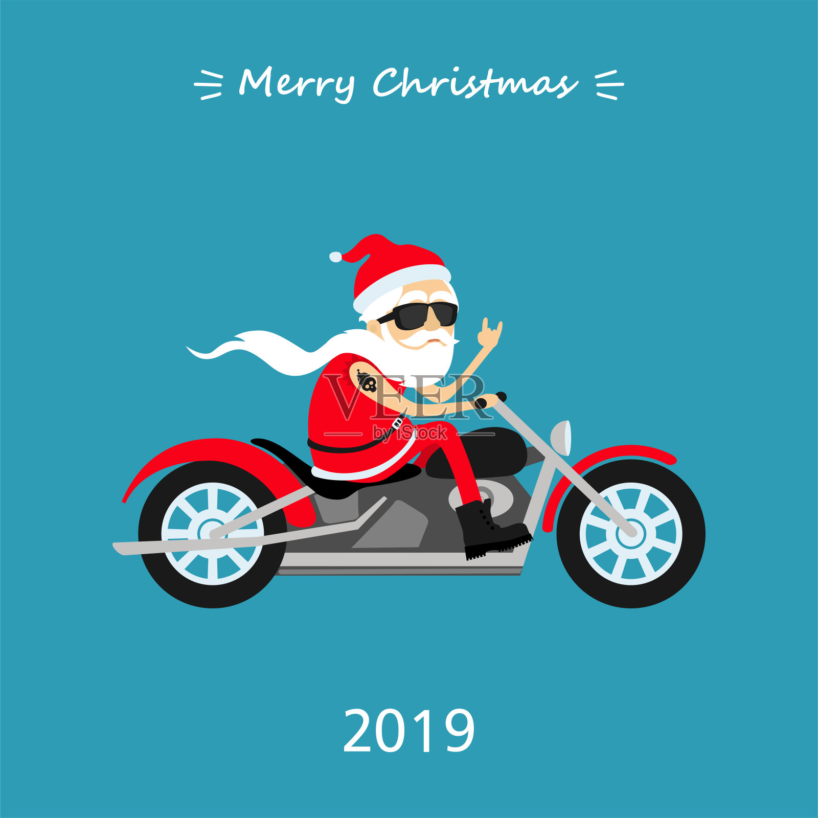 圣诞快乐!圣诞老人骑摩托车。2019年圣诞贺卡插画图片素材