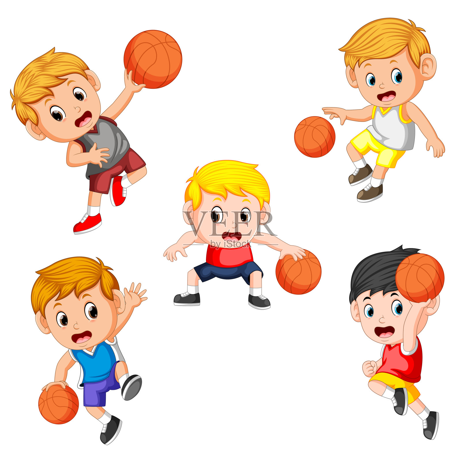 简单的收集了不同姿势的篮球儿童球员插画图片素材
