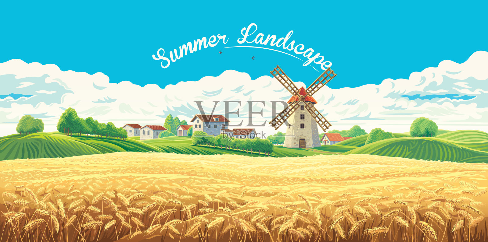 乡村夏季景观与磨插画图片素材