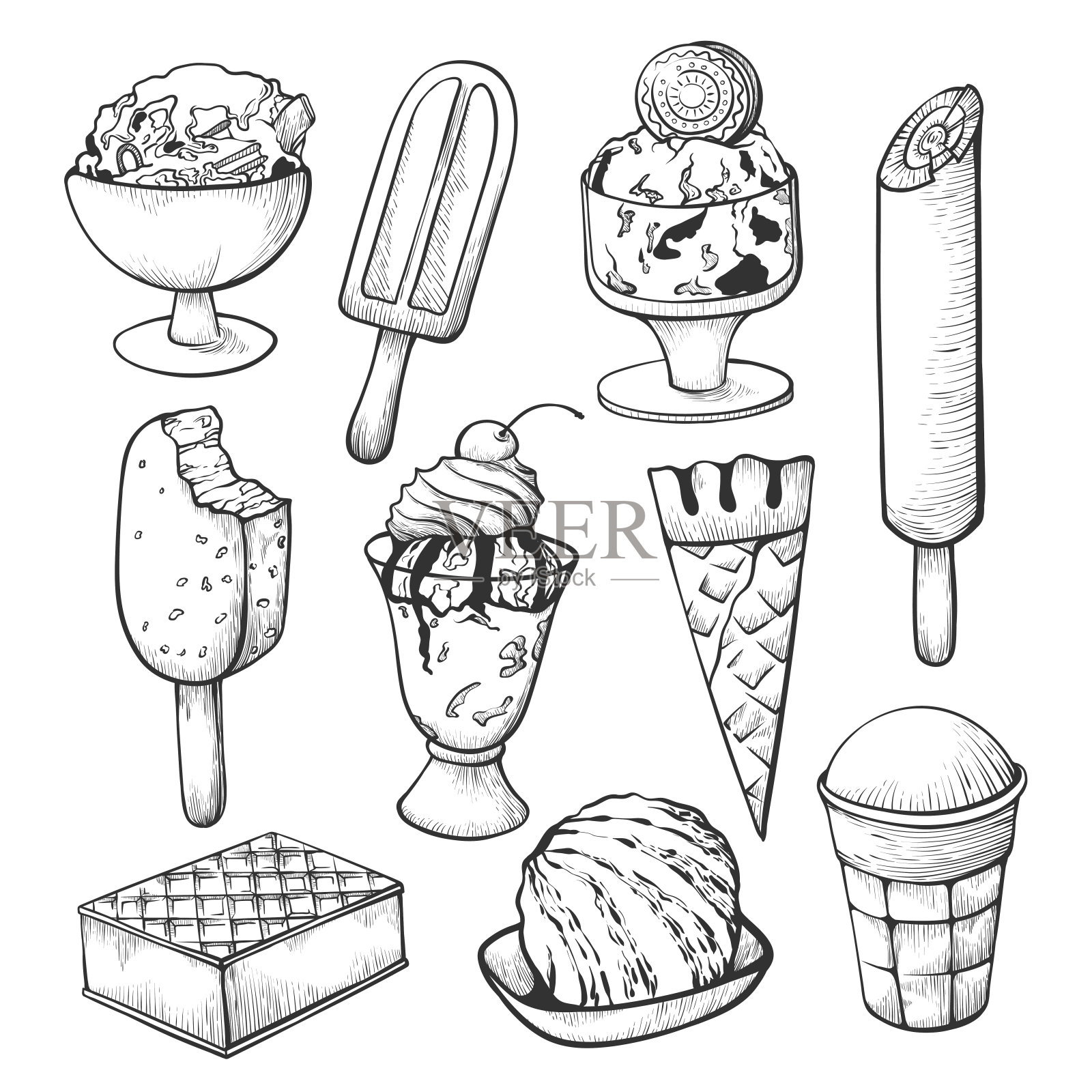 冰淇淋素描设置为商店或咖啡馆装饰插画图片素材