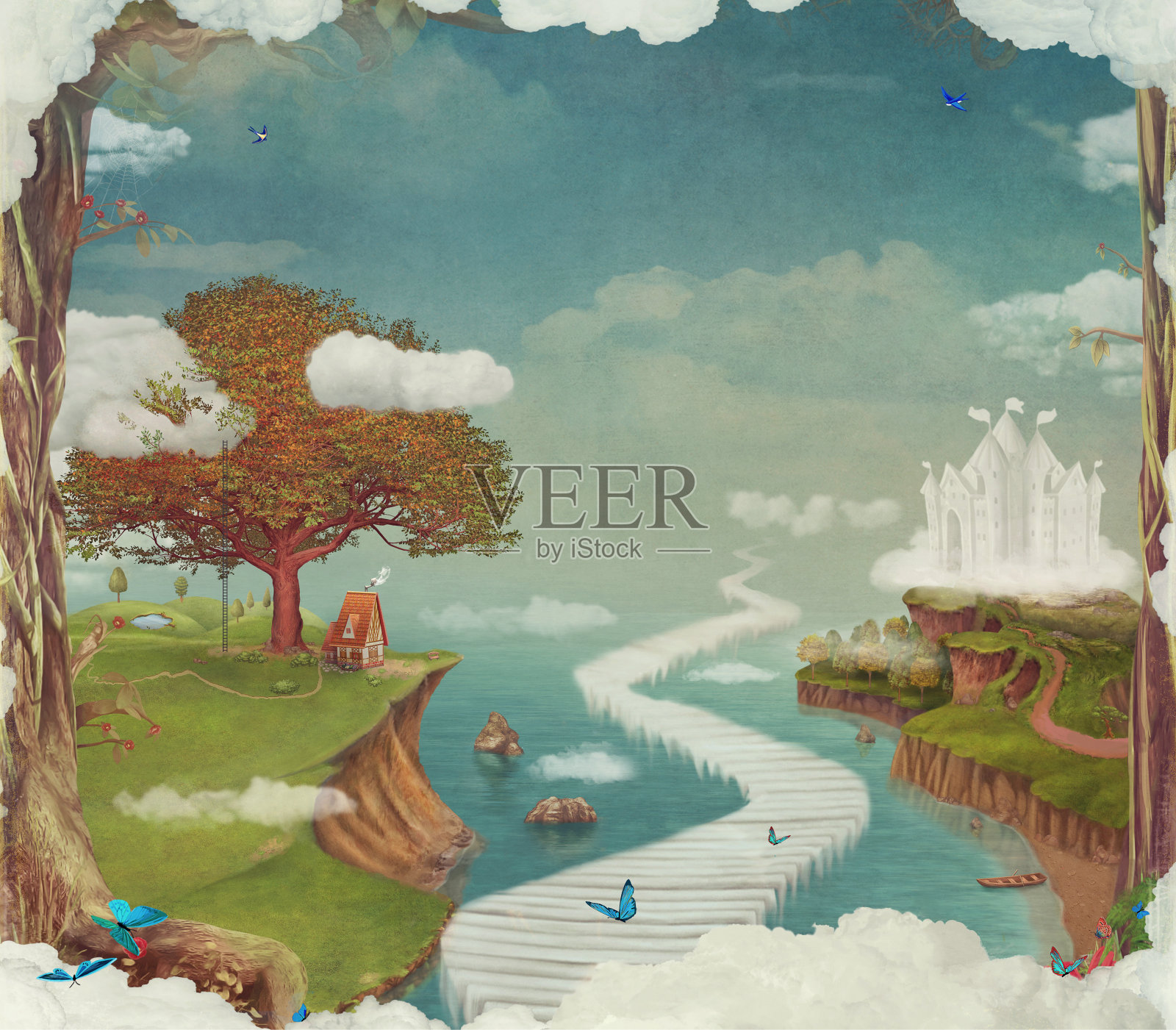 童话般的梦幻森林，城堡，桥，天空中的湖泊插画图片素材