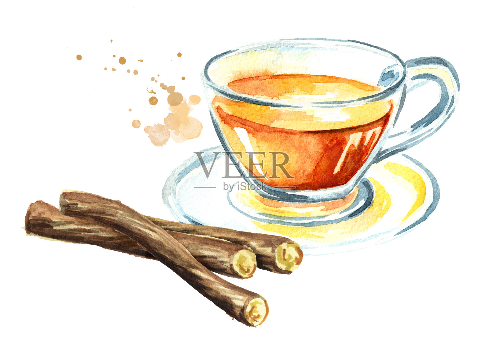 甘草茶和根，健康饮品的概念。水彩手绘插图孤立的白色背景插画图片素材