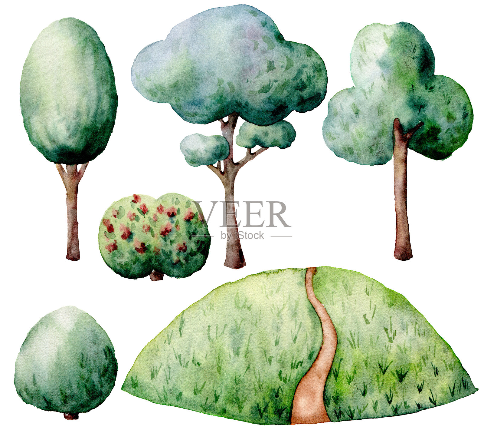 水彩森林构造器集。手绘的绿色树木和灌木孤立的白色背景。自然插图设计，印刷。插画图片素材