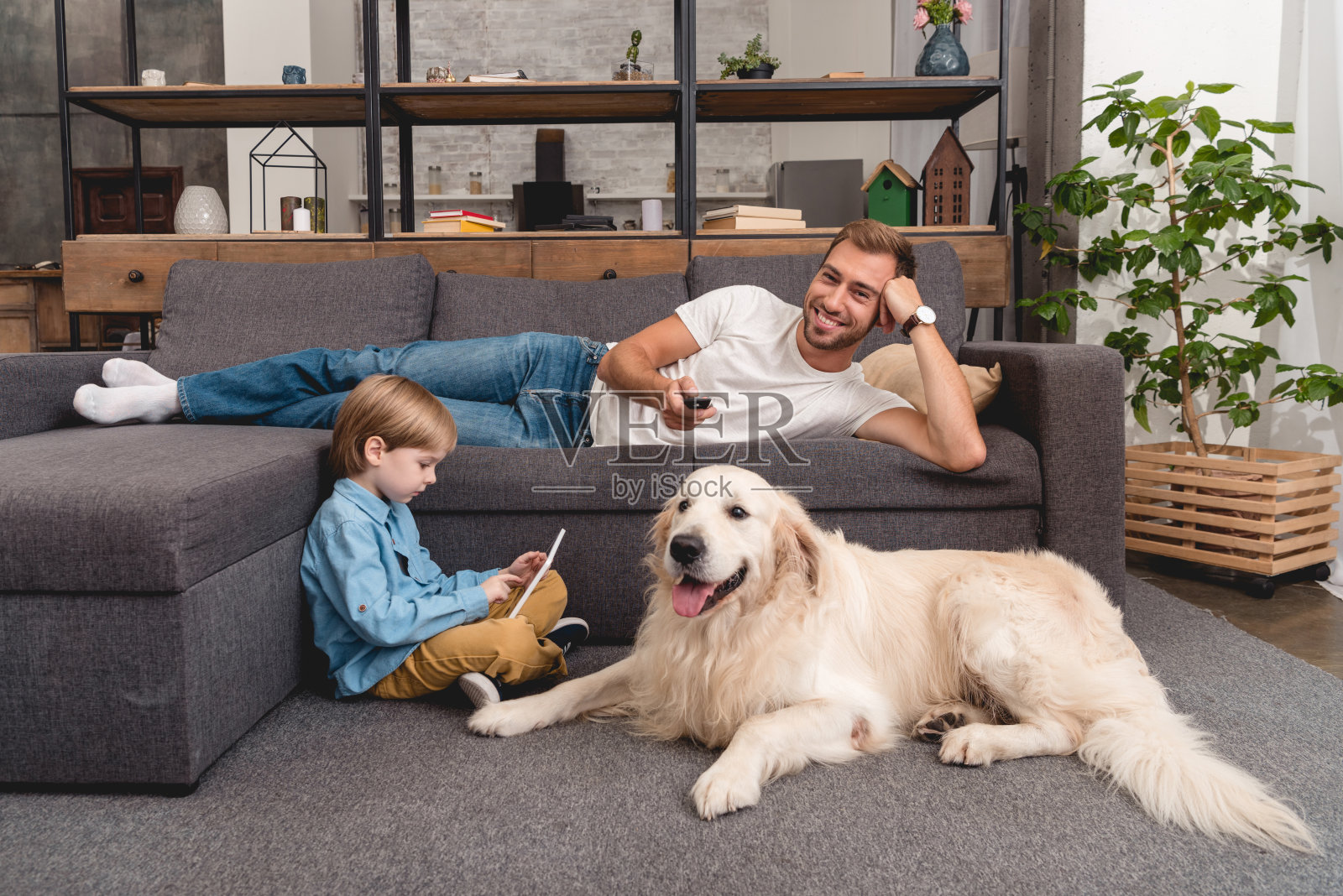 快乐的父亲在沙发上看电视，而他的儿子在地板上用平板电脑和金毛猎犬照片摄影图片